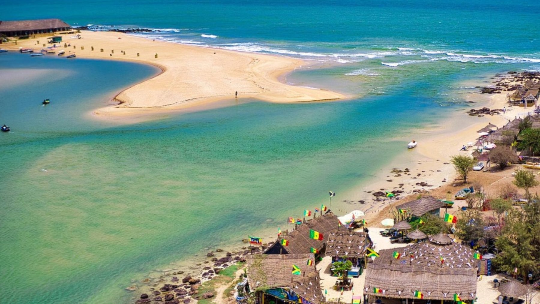 Lagoon, sandbar and turquoise Atlantic water at Somone, Senegal